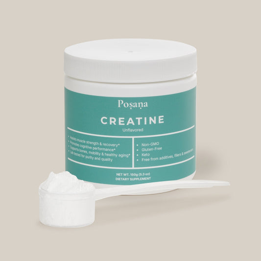 Poṣaṇa creatine monohydrate supplement bottle with a scoop of micronized creatine powder