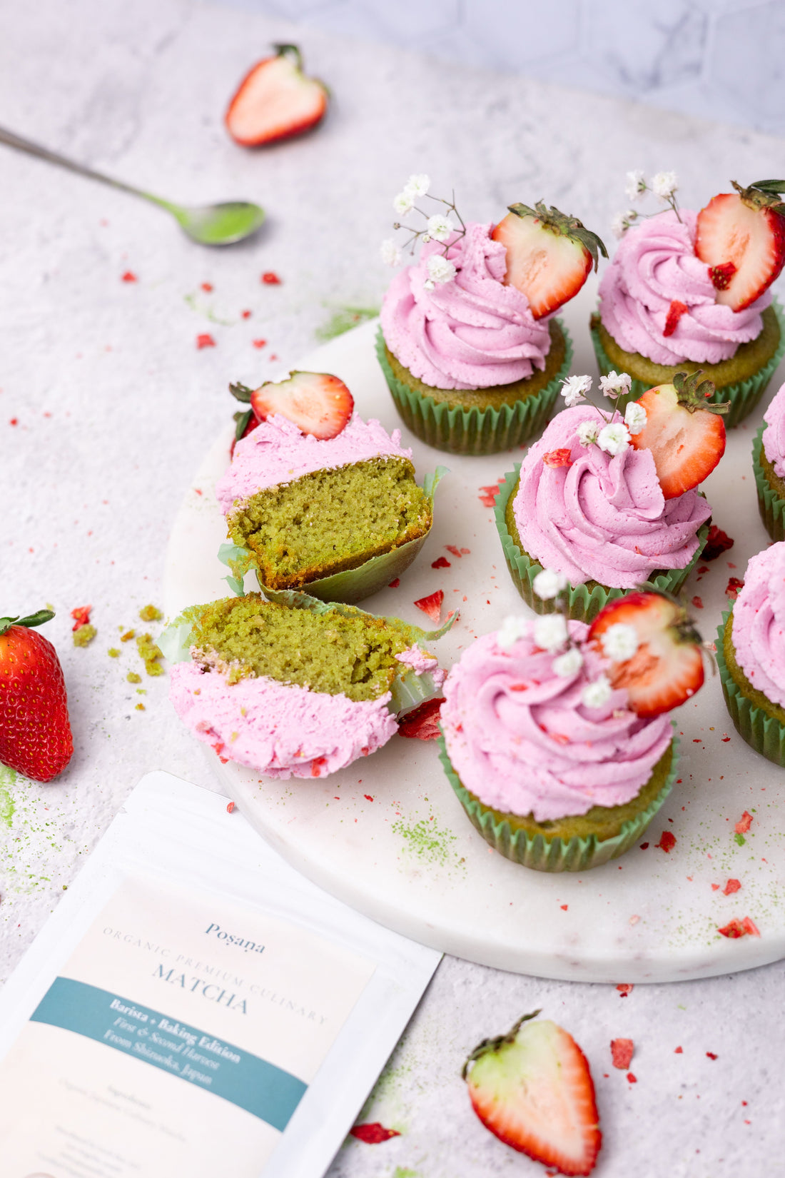 Vegan vanilla matcha cupcakes with strawberry icing made with Poṣaṇa ceremonial matcha